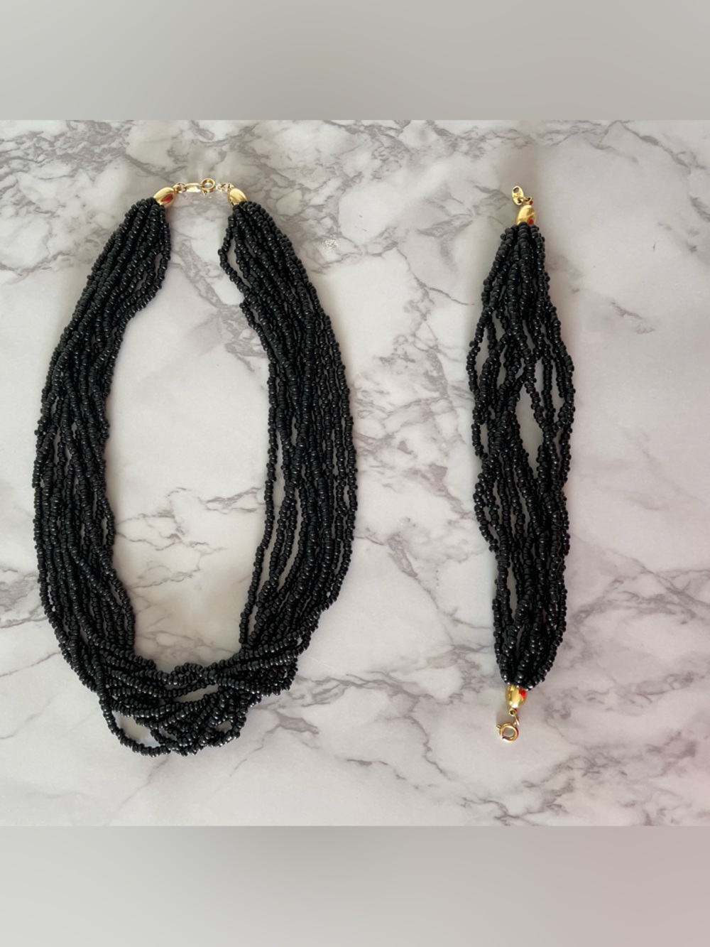 Trifari Vintage Multi Strand Seed Bead Black Necklace & Bracelet Matching Set
